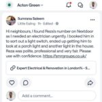 Customer review for SMR Group electrical services in London from an Ealing homeowner on Nextdoor