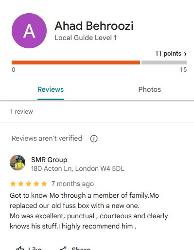 Customer testimonial for consumer unit replacement in London