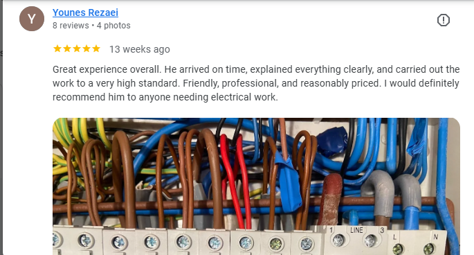 Customer testimonial for fuse board upgrade in London
