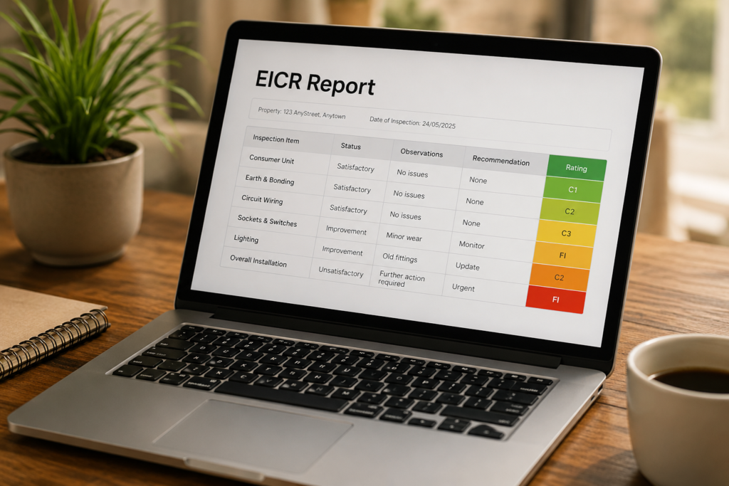 EICR London report shown on laptop screen