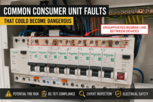 Close-up of a consumer unit showing an unsupported busbar link between devices, highlighting a common consumer unit fault that could lead to overheating, arcing, and potential fire risk.