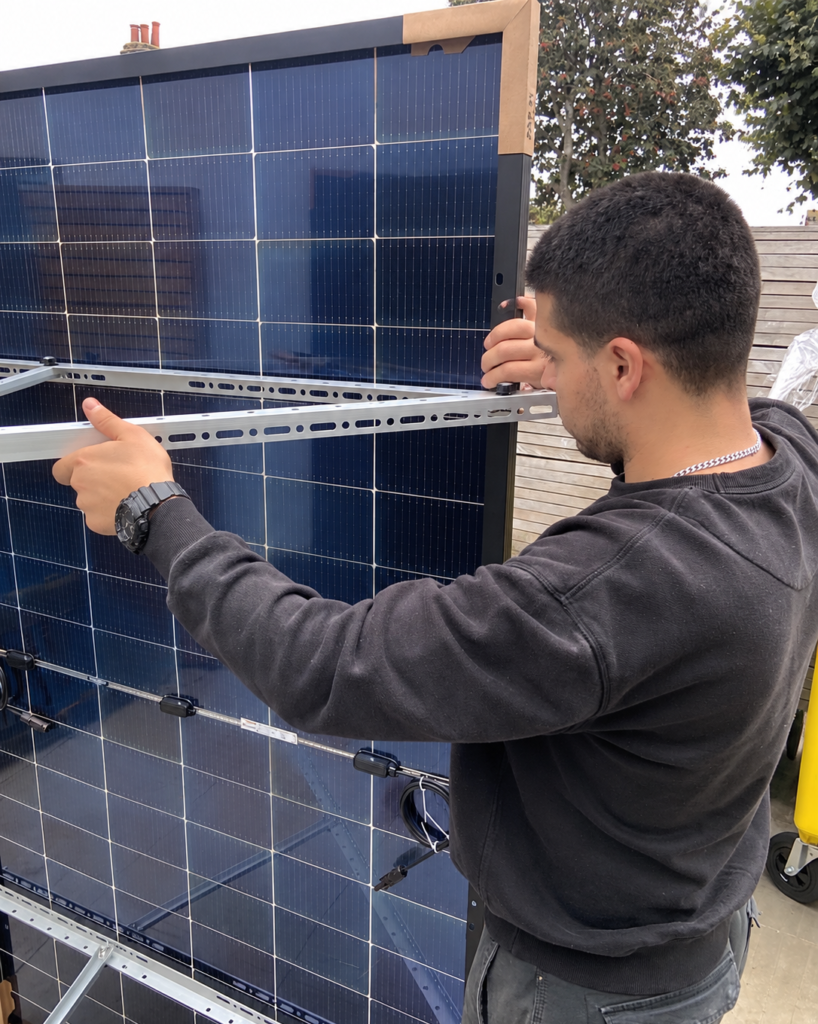 Electrician securing a mounting rail to a solar panel during a solar panel installation in London