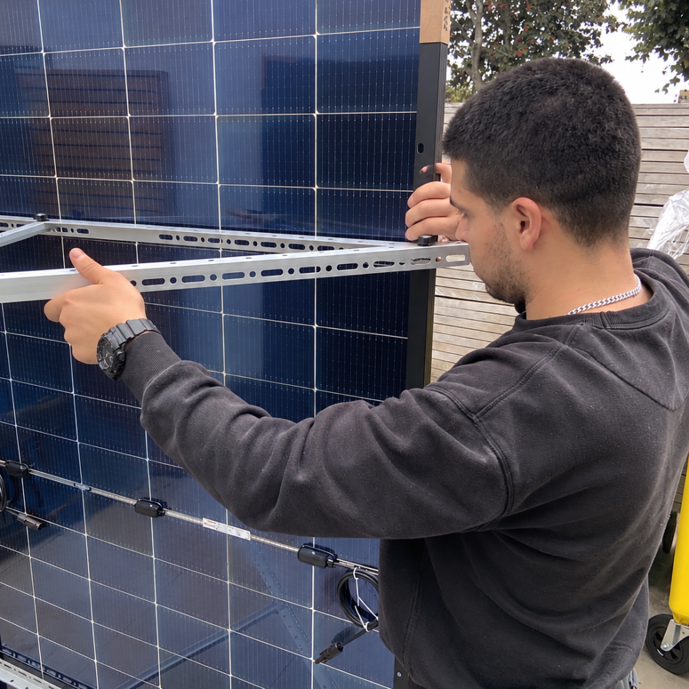 Electrician securing a mounting rail to a solar panel during a solar panel installation in London