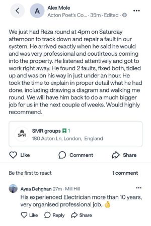 Nextdoor review for SMR Group electrical fault finding in Acton, London