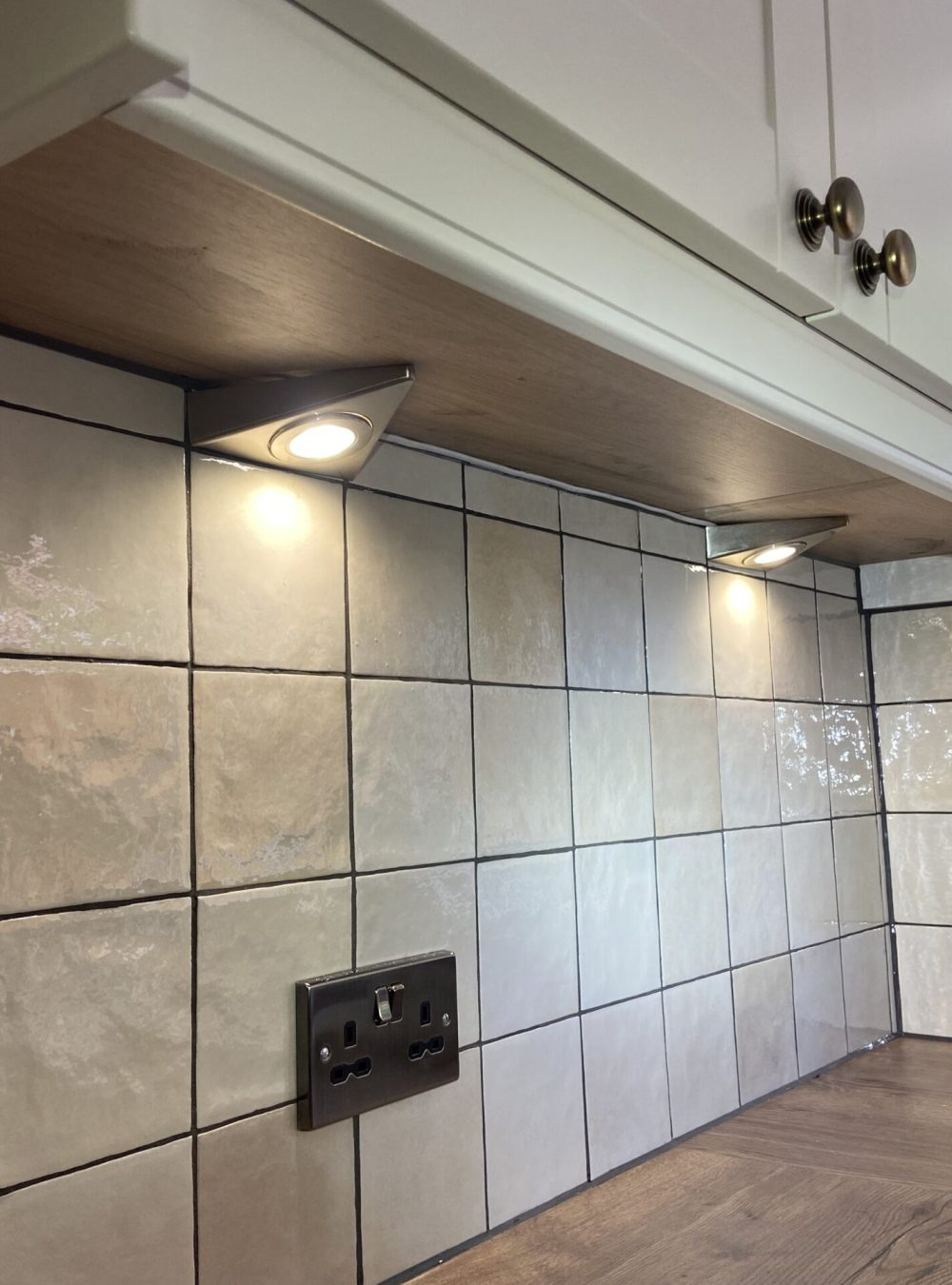 Under-cabinet kitchen lighting and double socket installation in Acton